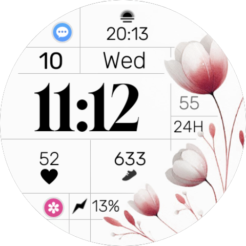 Floral watch face for Wear OS smartwatches. Digital, simple and elegant watchface.